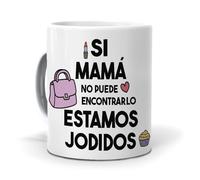 mundohuevo. Taza con frase “Si mamá no puede encontrarlos estamos j | Taza con frase divertida.| Capacidad de 350ml| Taza de cerámica AAA| Regalo ideal para el día de la madre.
