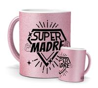 mundohuevo Taza SUPER MADRE | Regalo Mamá | Edición Purpurina Rosa | Cerámica Glam Rosa | Tazas para Leche, Café, Té... | 350 ML
