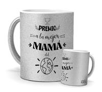mundohuevo Taza Única | Premio a la Mejor Madre | Tazas Originales Día de la Madre | Regalos Especiales Mamá | Para Café, Té o Infusiones | Purpurina Plateada | Cerámica Resistente | Capacidad 350 ML
