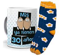 mundohuevo Taza y trio de calcetines, originales y personalizados, regalo 30 cumpleaños. Mis huevos ya tienen 30 años. 1 calcetin gratis por el que se te pierde