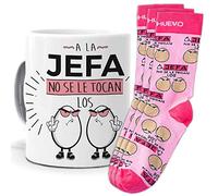 mundohuevo Taza y trio de calcetines, originales y personalizados, regalo divertido. A la jefa no se le tocan los huevos. 1 calcetin gratis por el que se te pierde