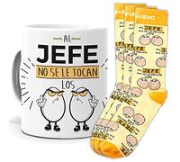 mundohuevo Taza y trio de calcetines, originales y personalizados, regalo divertido. Al jefe no se le tocan los huevos. 1 calcetin gratis por el que se te pierde