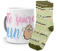 mundohuevo Taza y trio de calcetines, originales y personalizados, regalo enamorados. Te quiero un huevo. 1 calcetin gratis por el que se te pierde