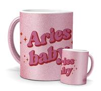mundohuevo Tazas Únicas | Aries | Edición Especial Purpurina Rosa | Mensaje Auténtico para Amantes del Zodiaco | Cerámica Purpurina Rosa | Tazas para Café, Té... | Regalo para Fans de Horóscopos.