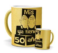 Mundohuevo Tazas Únicas | Mis Huevos 50 Años | Sorpresa de Cumpleaños | Mensaje Original | Cerámica Purpurina Oro | Taza de Café, Té o Infusiones | Hombre Feliz Cumpleaños | 350 ML