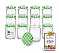 MundoTarros - 12 Tarros de Cristal 350 ml con Tapa Metálica Hermética Verde y Blanca, Botes de Vidrio para Conservas, Mermeladas, Salsas, Miel, Legumbres y Despensa, con Etiquetas y Recetario PDF