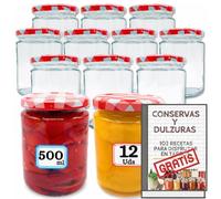 MundoTarros Pack 12 Tarros de Cristal 500 ml con Tapa Hermética de Rosca Metálica de Cuadros, Botes para Conservas, Almacenaje, Encurtidos y Fermentación, Incluye PDF con 102 Recetas y Etiquetas (12)