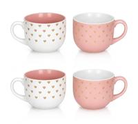 MundoTarros Pack 4 Tazones con Corazones 500 ml de Cerámica con Asa, Tazas Grandes Jumbo para Desayuno, Café con Leche, Chocolate Caliente, Cereales, Yogur y Granola, Acabado Brillante (4)