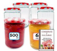 MundoTarros Pack 6 Tarros de Cristal 500 ml con Tapa Hermética de Rosca Metálica de Cuadros, Botes para Conservas, Almacenaje, Encurtidos y Fermentación, Incluye PDF con 102 Recetas y Etiquetas (6)