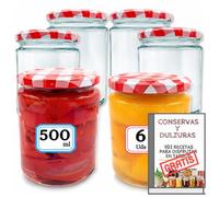 MundoTarros Pack de 6 Tarros de Cristal 500 ml con Tapa Hermética de Rosca Metálica de Cuadros, Botes para Conservas de medio litro, Almacenaje, Transparente, Incluye PDF con 102 Recetas (6)