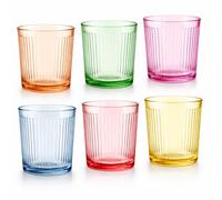 MundoTarros Set de 6 Vasos de Cristal Acanalados de Colores, 360 ml, Apilables, Aptos para Lavavajillas y Microondas, para Agua, Refrescos y Cócteles