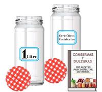 MundoTarros Tarros de Cristal de 1 litro con Tapas de Metal + Ebook de 102 Recetas - Frascos grandes para Conservas, Encurtidos, Alimentos Caseros - Incluye Etiquetas (6)