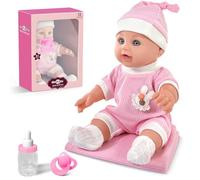 Muñeca bebé de 30 cm a partir de 1 año, set de muñeca bebé con accesorios Incluye conjunto de ropa rosa de quita y pon con gorro, chupete y biberón, mantita, juguete de muñeca del primer bebé nacido e