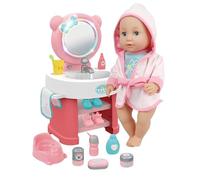 Muñeca que bebe y hace pipí parlante con espejo luminoso sonora lavabo con agua que funciona, accesorios de baño, orinal, inodoro, música, 10 sonidos, inodoro, muñeca de 35 cm con espejo Deluxe