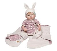 MUÑECA Reborn LORETTE 46 CM Conjunto Malva CONEJITOS con GORRITO, SAQUITO Y Muselina.
