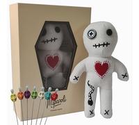 Muñeca vudú con agujas de vudú, caja de ataúd e instrucciones (extra grande 16 cm hechas a mano) - Juego con agujas extragrandes de calavera | Regalo divertido para amigos, colegas, jefes, bodas o