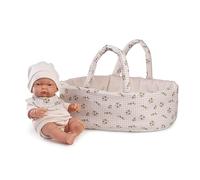 Muñecas Antonio Juan Pitu con Capazo, Muñeca Bebé Realista con Outfit Beige y Gorro, Incluye Cesta de Transporte con Estampado Floral