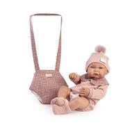 Muñecas Antonio Juan - Recién Nacida nica con Portabebé, Muñeca Bebé Realista con Gorro de Pompón, Outfit a Cuadros Rosa y Accesorios