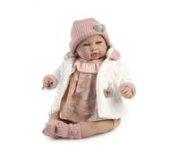Muñecas Berbesa Sara Muñeca Bebé Realista, 50 cm, Cuerpo Blandito de Vinilo Suave, Vestido Rosa con Estampado, Abrigo Blanco, Gorro y Patucos con Pompones, Llora y Dice Papá y Mamá