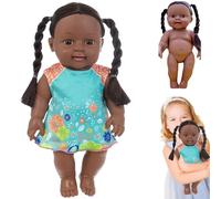 Muñecas negras de bebé, muñeca de bebé realista africana americana de 12 pulgadas con vestido, muñeca móvil y doble cola de caballo de piel oscura para regalos para niños, muñecas negras azule
