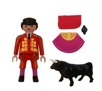 Muñeco Custom - Pack Torero Completo | Torero Rojo-Oro Pintado a Mano | Capote Muleta Montera | Toro de Plástico Negro | Juego Taurino Infantil (Medidas Muñeco 7,5cm altura x 4cm ancho)