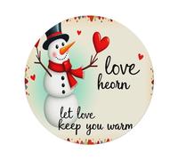 Muñeco de nieve, corazones, bufanda cálida, letrero redondo de estaño, póster de metal vintage, retro, bar, hogar, cueva de hombre, cocina, lavandería, decoración de pared, regalo, 8 x 8 pulgadas
