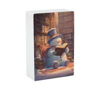 Muñeco de nieve feliz leyendo un libro en una pitillera de plástico. Soporte de bolsillo para cigarrillos.