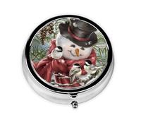 Muñeco de nieve y pájaro. Este pequeño pastillero redondo impreso es un organizador portátil de píldoras y vitaminas, perfecto para bolsillos, bolsos y viajes.