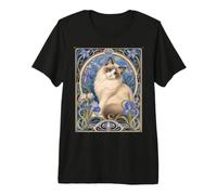Muñeco de Trapo con Forma de Gato de Ojos Azules, Estilo Art Nouveau, con Estampado Floral Camiseta Premium