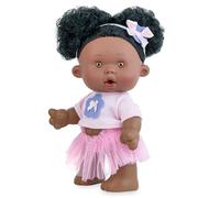 Muñeco Nenote Marina y PAU - 26 cm - Vinilo Articulado - Falda Rosa, Camiseta con Flor Lila y Lazo - Pelo Afro con Doble Moño - Hecho en España