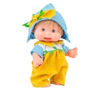 Muñeco Nenote Marina y PAU - 26 cm - Vinilo Articulado - Mono Amarillo con Hojas Verdes y Gorro Azul con Lazo - Hecho en España - Muñeco Realista para Colección o Juego
