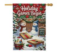 Muñecos de nieve jugando Cornhole Winter Quote Christmas House Flag 28x40 | Tema de juego Cornhole, bandera de césped, escena de invierno nevada, colores vibrantes de vacaciones