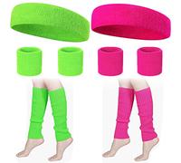 Muñequera 80s Set 6 Piezas Gym y 4 Calentadores Piernas Mangas Pierna de Color Neón Fiesta Retro para Mujeres Hombres 2 Colores Rosa Verde