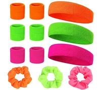 Muñequera 80s Set 9 Piezas Gym con 3 Lazos de Pelo de Intestino Grueso de Color Neón, Accesorios Fiesta Retro para Mujeres Hombres en 3 Colores: Rosa, Verde, Naranja