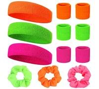 Muñequera 80s Set 9 Piezas Muñequeras Gym y 3 Lazos de Pelo de Intestino Grueso de Color Neón Muñequeras Gym Accesorios Fiesta Retro para Mujeres Hombres 3 Colores Rosa Verde Naranja Muñequeras Gym