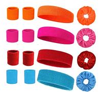 Muñequera 80s y Elástico Pelo Bandas Set, 12 Piezas Muñequeras Gym Muñequeras Sudor Muñequeras DeportivasTenis Wristband Accesorios de Fiesta Retro para Mujeres Hombres, 4 Rosa Rojo Azul Naranja