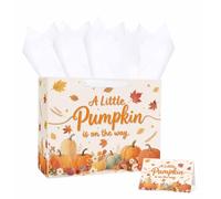 MUNILAIL Bolsa de regalo de calabaza pequeña de 13 pulgadas con asa de papel de seda y tarjeta de felicitación, bolsa de regalo grande con texto en inglés "A Little Pumpkin Is On The Way", para otoño