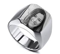 MunkiMix Anillo de Sello de Acero Inoxidable Personalizado con Foto en Blanco y Negro Personalizada para Hombres, Mujeres, Parejas con Ajustadores de Tamaño de Anillo (Plateado, tamaño 57)