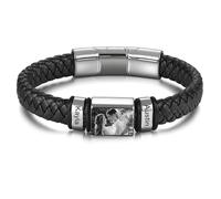 MunkiMix Brazalete de Cuero Personalizado con Foto y 2-6 Nombres para Hombre, Cuentas Grabadas y Foto, Hebilla Extensión Desmontable, Regalo para Esposo Novio C6