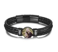 MunkiMix Brazalete de Cuero Personalizado con Foto y 2-6 Nombres para Hombre, Cuentas Grabadas y Foto, Hebilla Extensión Desmontable, Regalo para Esposo Novio B1