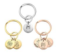 MunkiMix Llaveros Personalizados con Retrato de Mascota Llavero Personalizado con Foto de Perro o Gato Grabado con Nombre para 1-4 Regalo Conmemorativo de Mascotas (Oro, 3 Discos)