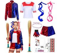 MUNKST Quinn Disfraz de cosplay para adultos, disfraz de Formemory Quinn para mujer, disfraz de villano suicida con chaqueta, camiseta, pantalones cortos y guantes para Halloween y carnaval