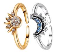 MUNSKT 2 anillos ajustables de sol celestial y luna, anillo de sol brillante/luna azul con chapado, anillo de alivio del estrés diario, anillo apilable, Zinc, Oro y plata