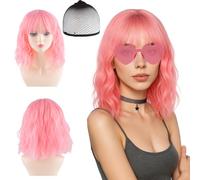 MUNSKT 4 piezas peluca rosa: peluca de pelo corto rosa con flecos, gorro de peluca, gafas de sol y collar - Ideal para fiestas, cosplay, disfraces, uso diario, peluca de pelo corto para mujer