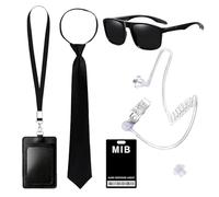 MUNSKT 6 accesorios de disfraz de agente negro, gafas de sol con cremallera, corbata, auriculares, tarjeta de identificación y tarjetero, servicio secreto, disfraz de espia, accesorios para cosplay