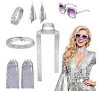 MUNSKT 70s 80s Disco Golden Accessories Set,Frame Bling Sunglasses Earrings Headband Bracelet Leg Warmers,6 piezas Abba Accessories Set,Retro Disco Fancy Dress Kit for Women for Theme Party (Sliver)