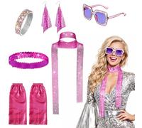 MUNSKT 70s 80s Disco Golden Accessories Set,Frame Bling Sunglasses Earrings Headband Pulsera Leg Warmers,6 piezas Abba Accessories Set,Retro Disco Fancy Dress Kit for Women for Theme Party (Pink)