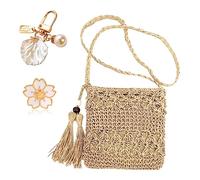 MUNSKT Bolsa de paja para mujer con borla y llavero de concha y broche de flor de cerezo, bolsa cruzada bohemia hecha a mano con cremallera para verano, playa y viajes, marrón claro, One Size