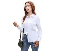 MUNSKT Camisas Blancas de para Mujeres,Top de Manga Larga Botón Casual,Tops Básicos Estirables Encajados para Negocios de Oficina (FR/ES, Letras, M, Regular, Regular, Estándar, Blanco)