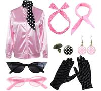 MUNSKT Chaqueta Pink Lady, Disfraz de mujer, Disfraz de los años 50, Chaqueta rosa para mujer de los años 50 con accesorios, Halloween, Cosplay, Disfraz (Talla L)